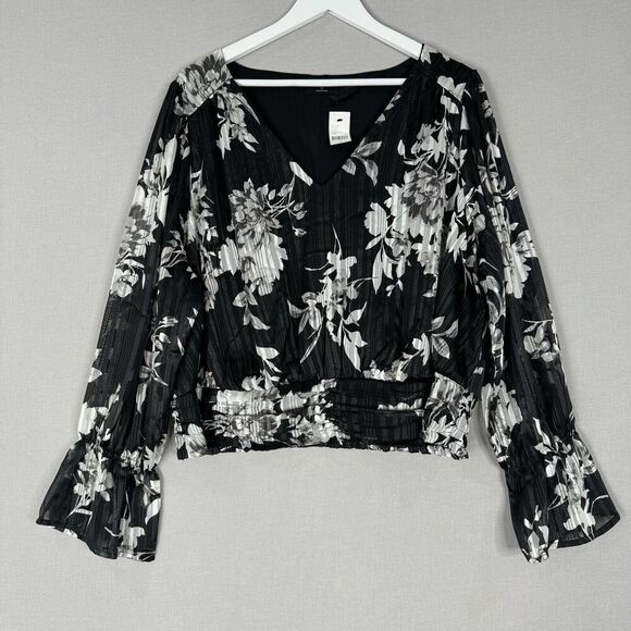 Lane Bryant Womens Top 22 Black Floral Blouse Balloon Sleeve Cottagecore Boho - Picture 1 of 12